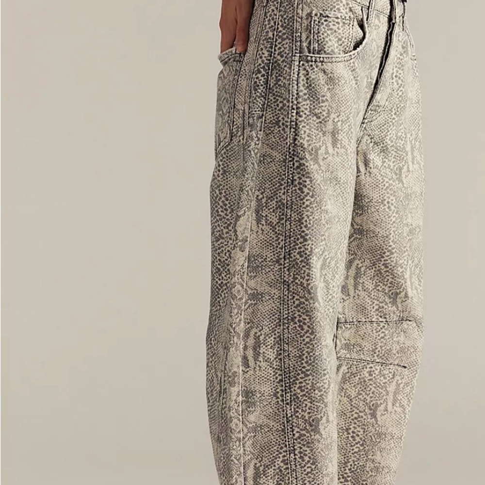 NWT Free People We The Free in good luck printed Barrel Jean in Snack Combo - Picture 2 of 14